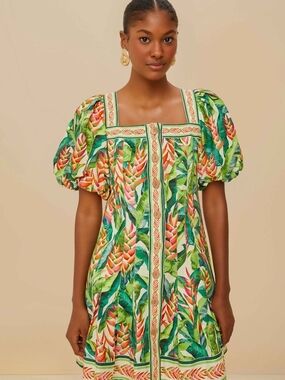 Farm Rio Heli Leaves Pearl Mini Dress Basic Sleeved S